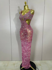 Isabella sparkly rhinestone hollow out mesh long dress for women, luxury birthday and evening party gown