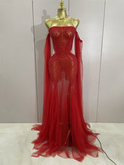 Makayla sparkly rhinestone pearl strapless mesh dress with rhinestone and pearl details for women.
