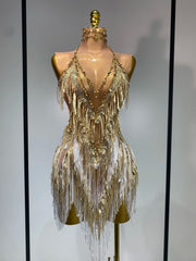Mannequin Wearing a Luxury Rhinestone Tassel Sexy Sparkly Birthday Dress with Crystal Fringe and Bodycon Silhouette, Styled for Glamorous Celebrations