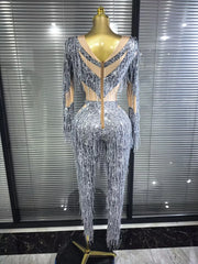Aleah long sleeve high-stretch fringe bodycon jumpsuit with a figure-hugging silhouette and statement fringe detailing
