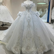 Luxury Lace Short-Sleeve Beaded Vintage Bridal Gown