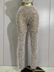Shine in the Diane rhinestone lace halter top and wide-leg pants set. Elegant two-piece outfit for parties, birthdays, and special occasions.