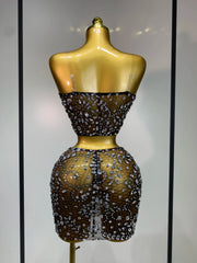 Sherry rhinestone sheer two piece gown set for women. Sexy luxury outfit for birthdays, nightlife, and evening parties.