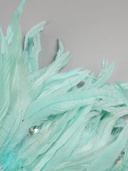 Zahara strapless blue mermaid prom dress with sweetheart neckline, sequins, feathers, and beaded diamonds.