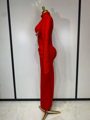 Gina black and red long sleeve bodycon bandage dress featuring elegant pearl beading