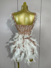 V neck mini bodycon dress with pearl beading and feather detailing