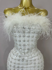  Carmina white feather sequin strapless bodycon mini dress. Perfect for birthdays, bridal parties, cocktails, and special events.