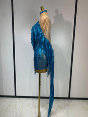 Carlene blue rhinestone tassel see through mesh birthday dress