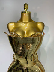 Vanessa luxury gold crystal strapless bodycon dress with shimmering sequins and elegant fit.