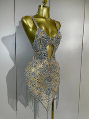 Lisette sparkly diamond tassel mesh mini dress featuring a sheer transparent design and bodycon silhouette