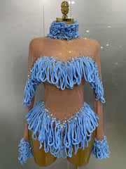 Hannah rhinestone mesh tassel bodysuit for women – sexy see-through birthday and club outfit.