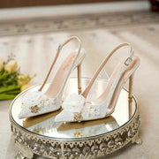 White Wedding Shoes Pointed Head Shallow Mouth Flowers High Heels