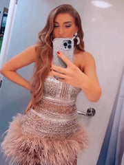 Beige feather pearl mini dress with halter neckline – homecoming, prom, birthday, cocktail, and evening party outfit.