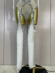 Grace sparkly diamond sequin long sleeve mesh see-through jumpsuit for nightclub and stage performance styling