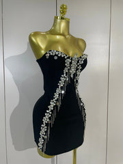 Envious Designs Kiera sexy strapless diamond chain black backless bodycon bandage mini dress for birthday and nightclub styling