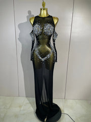 Envious Designs Sheryll sparkly diamond mesh backless see-through long dress with gloves for evening gala styling