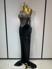 Kyndall strapless rhinestone bodysuit with skirt three-piece set for women’s evening parties, birthdays, and stage performances.