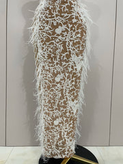sparkly beaded feather pearl halter bodycon long dress, perfect for prom, red carpet, evening parties, and birthdays.
