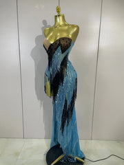 Railey sparkly diamond tassel side slit strapless mesh see-through long dress for nightclub and stage performance styling