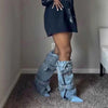 Blue Denim Strappy Knee High Pointed Toe Boots