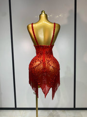 Christy rhinestone tassel mini dress featuring sparkling embellishments and a fitted bodycon silhouette