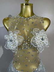 Alessia sparkly rhinestone flower bodysuit featuring decorative tassel accents