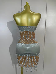 Leilani strapless sheer mesh mini dress with sparkling rhinestones and pearl chain embellishments