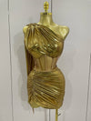 Gold sexy one shoulder mesh short skirt party dress for women.