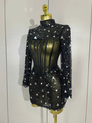 Shiny Sequin Pearl Sexy Black Mesh Long Sleeve Bodycon Mini Dress Women Celebrate Evening Birthday Party Nightclub Stage Costume