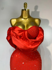 Off shoulder red maxi bandage dress with beaded detailing