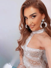 Beige feather pearl mini dress with halter neckline – homecoming, prom, birthday, cocktail, and evening party outfit.