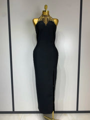 Black backless beaded midi bodycon bandage dress for women, elegant 2025 evening wear, luxury birthday and nightclub party outfit.