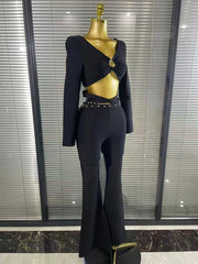 Brittani gold beaded long sleeve two-piece bodycon bandage set 