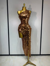 Carmen gold sequin one-shoulder high-slit bodycon dress for evening parties, cocktail events, or club celebrations.