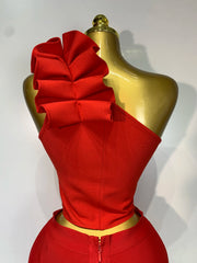 Keira one-shoulder ruffled two-piece bandage set with crop top and bodycon skirt for women.