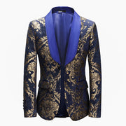 Men’s blue and gold floral jacquard tuxedo with shawl lapel and matching pants for formal or wedding wear
