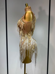 Mannequin Wearing a Luxury Rhinestone Tassel Sexy Sparkly Birthday Dress with Crystal Fringe and Bodycon Silhouette, Styled for Glamorous Celebrations