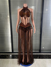 Envious Designs Solana crystal halter sheer mesh sequin tassel dress for birthday and nightclub party styling