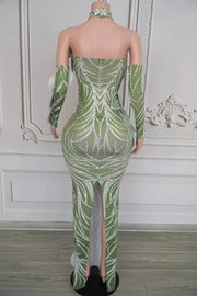 Sparkly leaf design prom dress with all-over rhinestones and matching long formal gloves. Lena elegant long gown.
