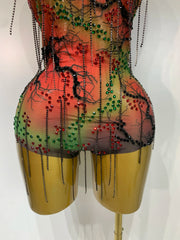 Rhiona sheer mesh bodysuit with sparkling diamond chain details for a bold, glamorous party look