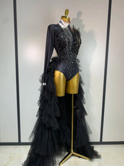 Black sheer performance bodysuit designed for singers, dancers and stage events