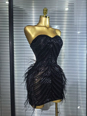 Amara sequin feather strapless bodycon mini dress for nightclub and birthday party styling