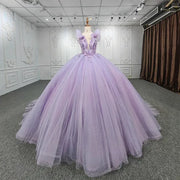 Flower Purple Beaded O-Neck Quinceañera Dress