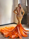 Beaded crystal feather mermaid evening dress with sparkling beadwork and elegant feather details.
