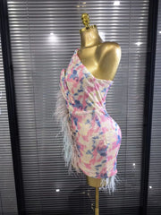 Arabella sequin one-shoulder feather bodycon mini dress with a sparkling finish and glamorous party-ready silhouette