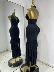 La'Nyah elegant black halter V-neck backless ruffle bodycon long dress for evening party and cocktail styling