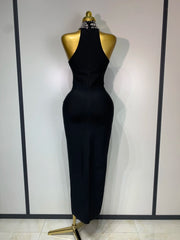 Gwen sleeveless bandage dress in a bodycon fit featuring luxury diamond crystal embellishments and a sculpted silhouette.