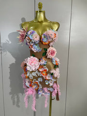 Turn heads in the Zel rhinestone 3D floral tassel mesh mini dress. Elegant bodycon party dress for birthdays, cocktails, and special events.