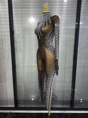 Tamika crystal mesh long sleeve see-through bodycon jumpsuit for nightclub and stage performance