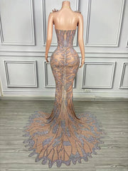 Zahra strapless diamond fishtail prom dress with high slit.